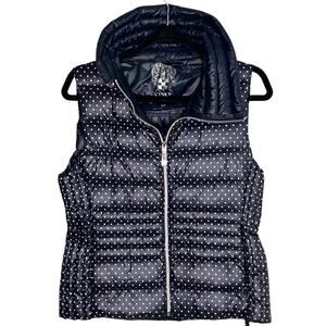 Vince Camuto Polka Dot Down Full Zip Packable Puffer Vest Navy/White Women's S